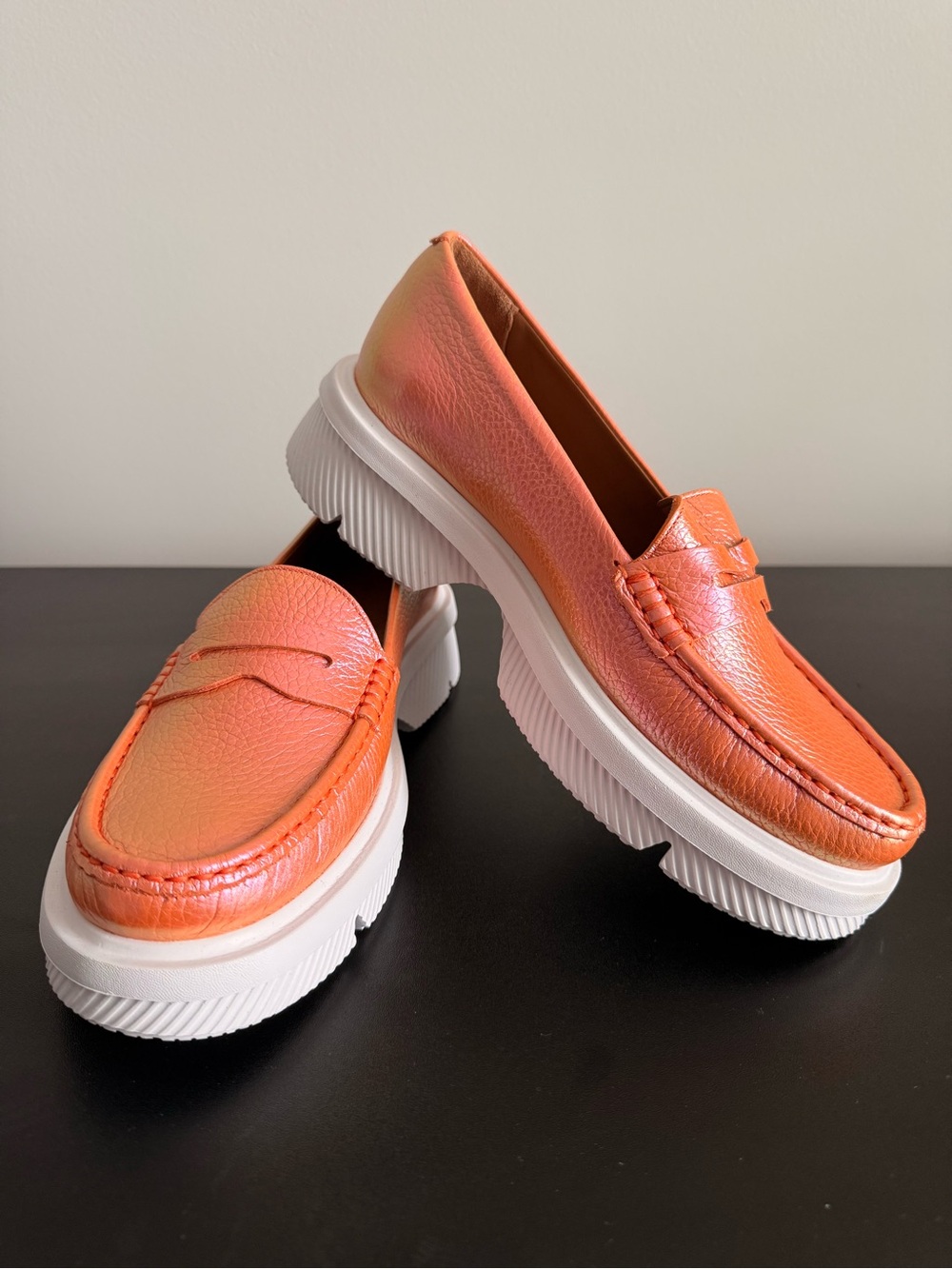 Brand New Orange iridescent Leather Platform Loafers